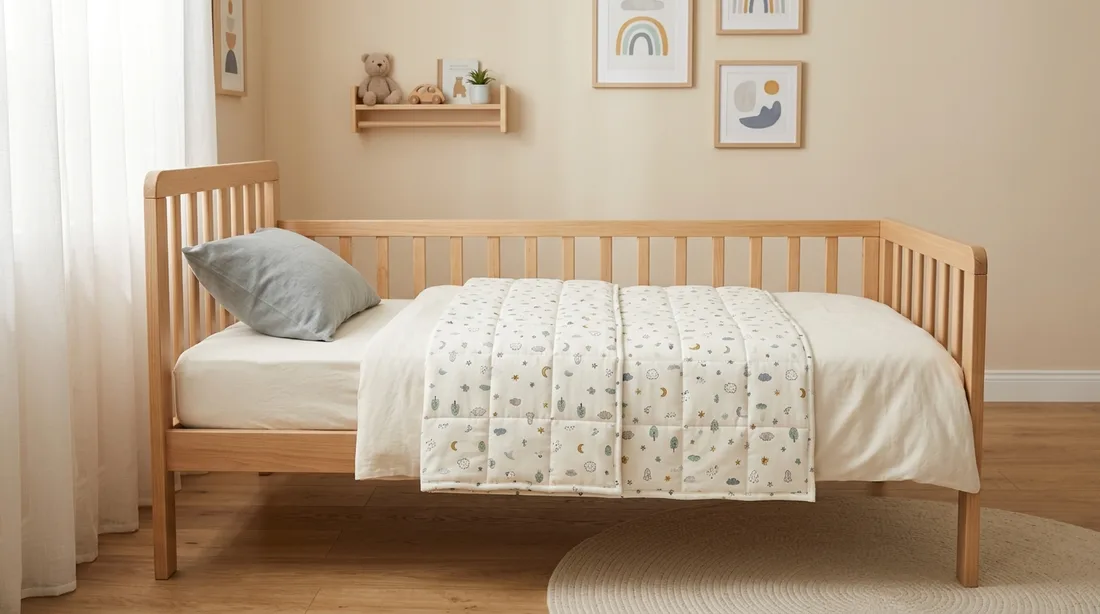 Kinderbett mit einer kleinen gemusterten Gewichtsdecke